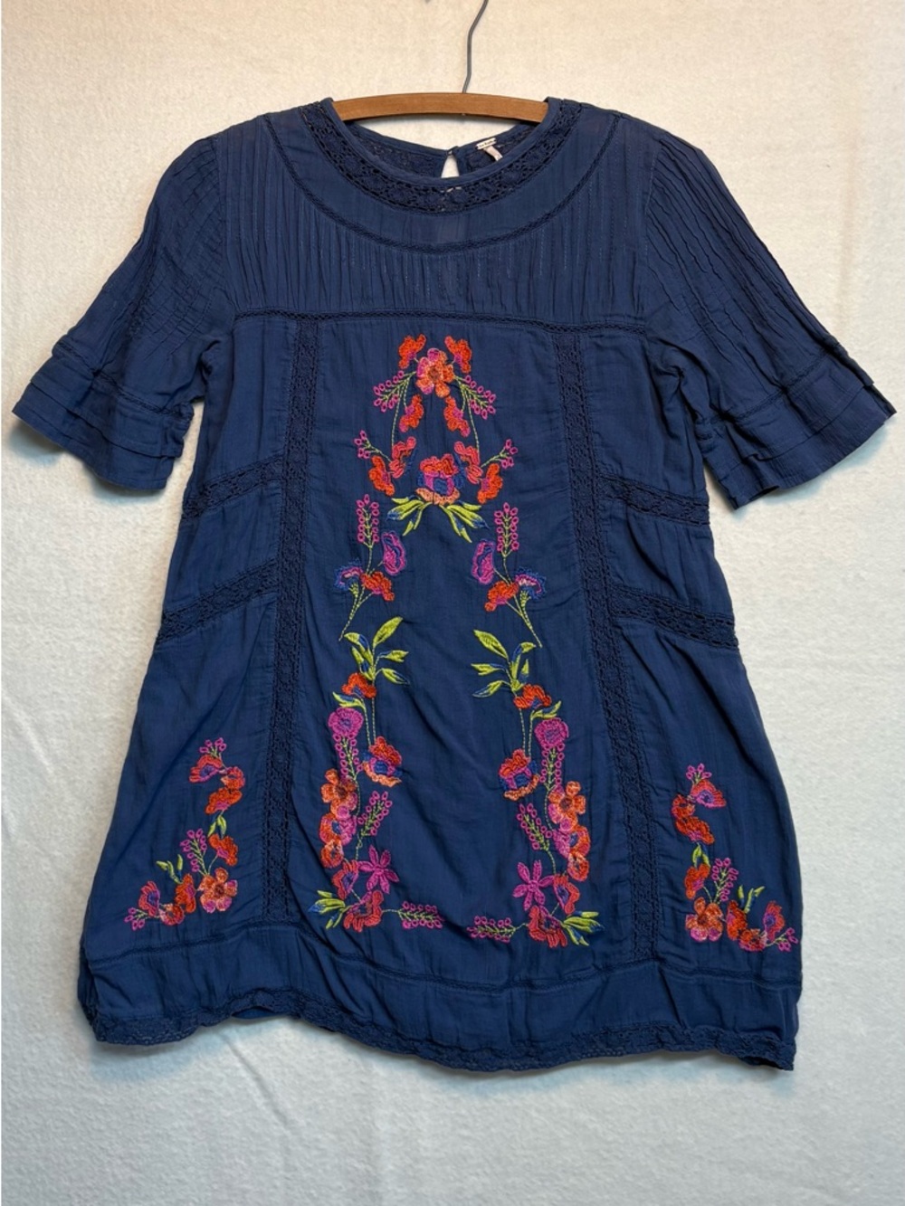 Free People Floral Embroidered Crochet Sheath Mini Dress Slate Blue Lagenlook